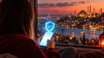 Akşam saatinde İstanbul manzarasına bakan pencerenin önünde telefon tutan genç, telefonun üzerinde e-Devlet yaş doğrulamayı simgeleyen mavi kalkan