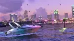GTA 6'dan Vice City silüeti önünde ilerleyen sürat teknesi