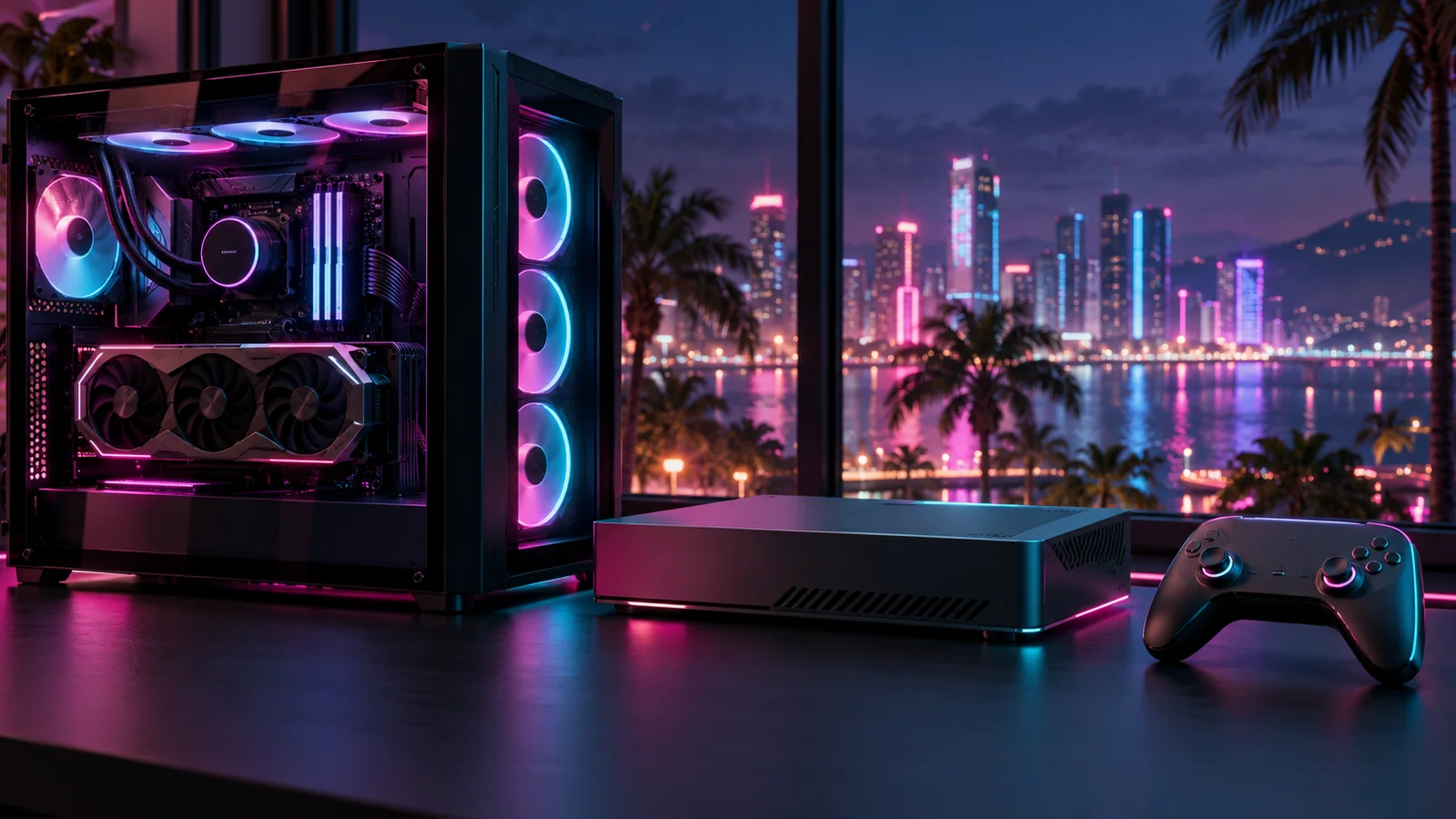 Neon şehir manzarası önünde RGB ışıklı oyun bilgisayarı, oyun konsolu ve kumanda