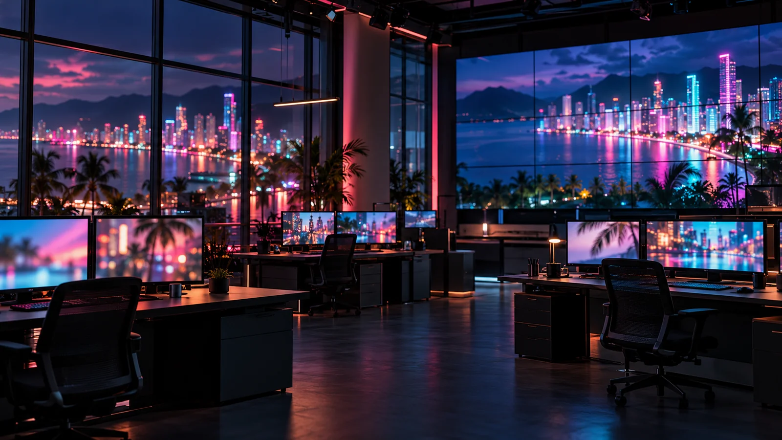 Ekranlarında neon şehir görüntüleri olan gece haber merkezi