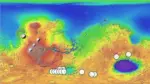 Mars'ın renkli yükselti haritası üzerinde Teghaza 001 göktaşının gelmiş olabileceği güney yaylalarındaki olası bölgeleri gösteren beyaz daireler