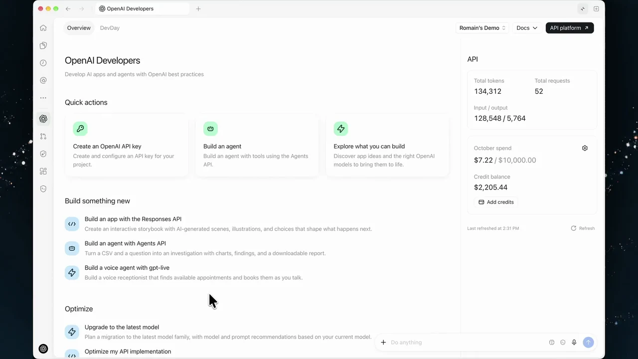 OpenAI Developers API paneli